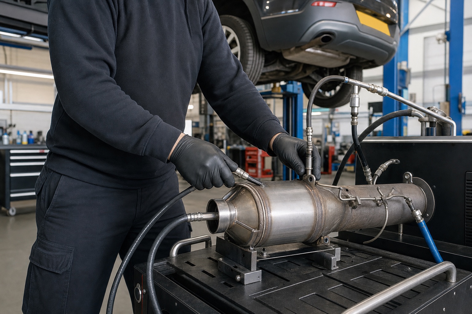 Mechanic connecting a diesel particulate filter to specialist cleaning equipment