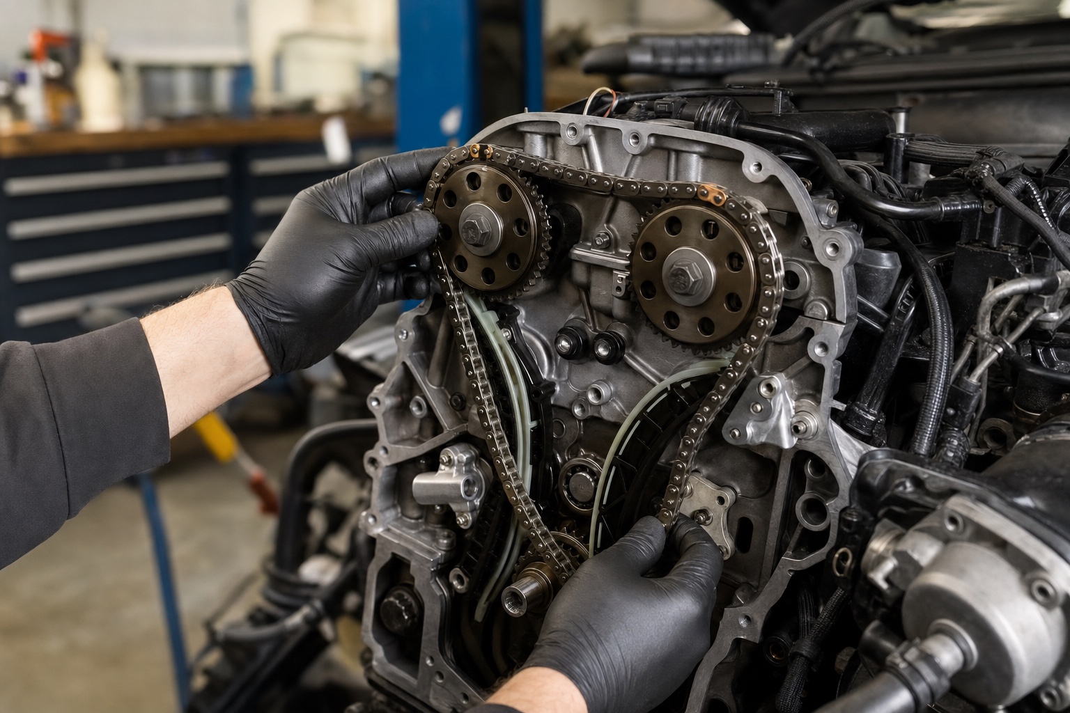 Mechanic replacing a timing chain on an exposed car engine