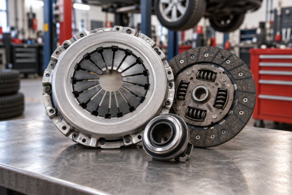 AI-generated illustrative image of a clutch kit in a professional garage.
